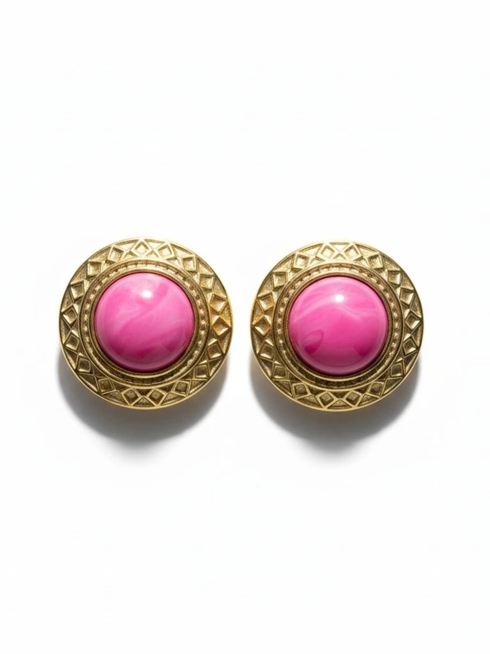 Women's Vintage 80's Gold-Tone Pink Cabochon Round Clip On Earrings